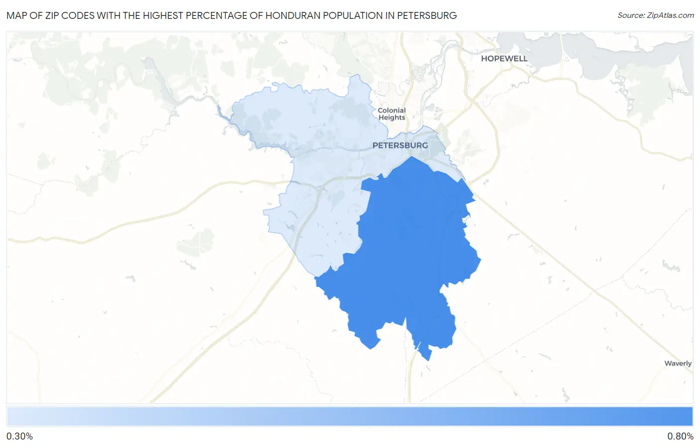 Zip Codes with the Highest Percentage of Honduran Population in Petersburg Map