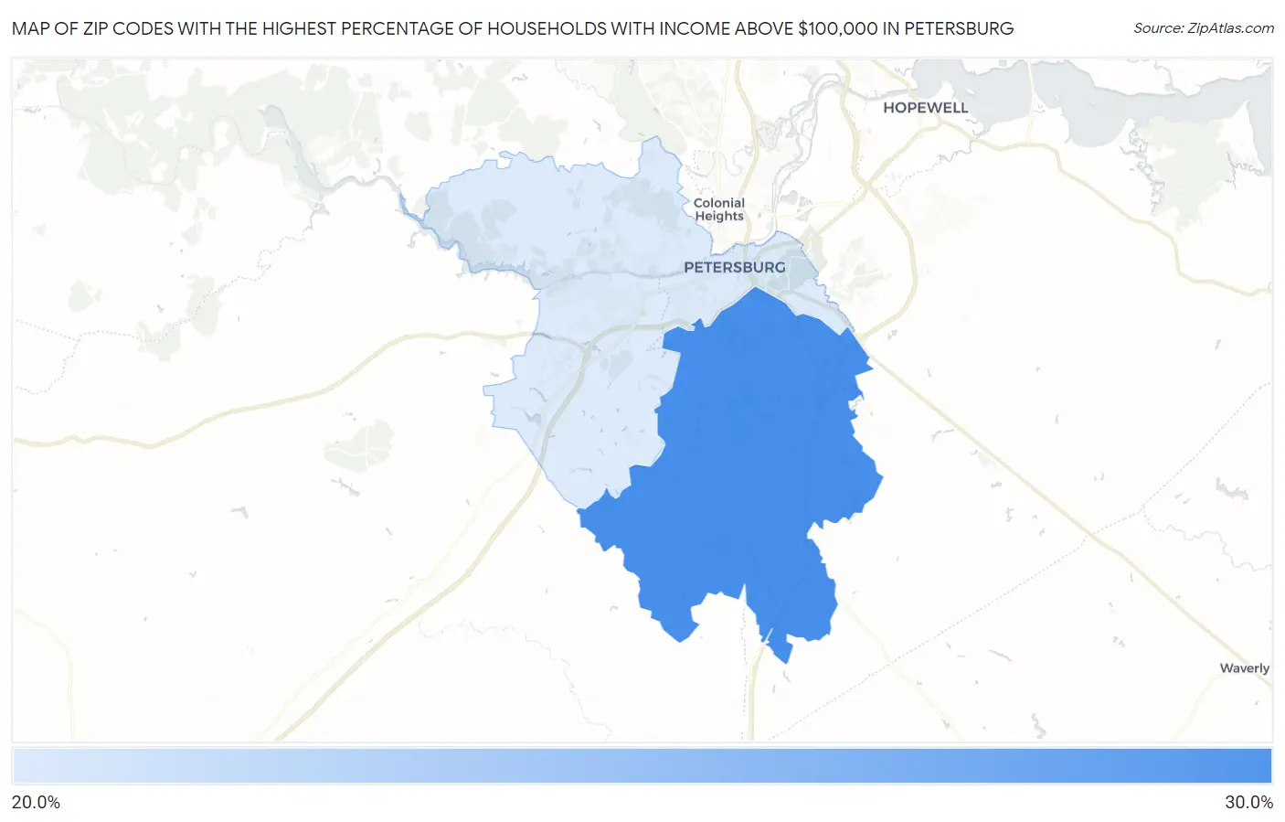 Zip Codes with the Highest Percentage of Households with Income Above $100,000 in Petersburg Map