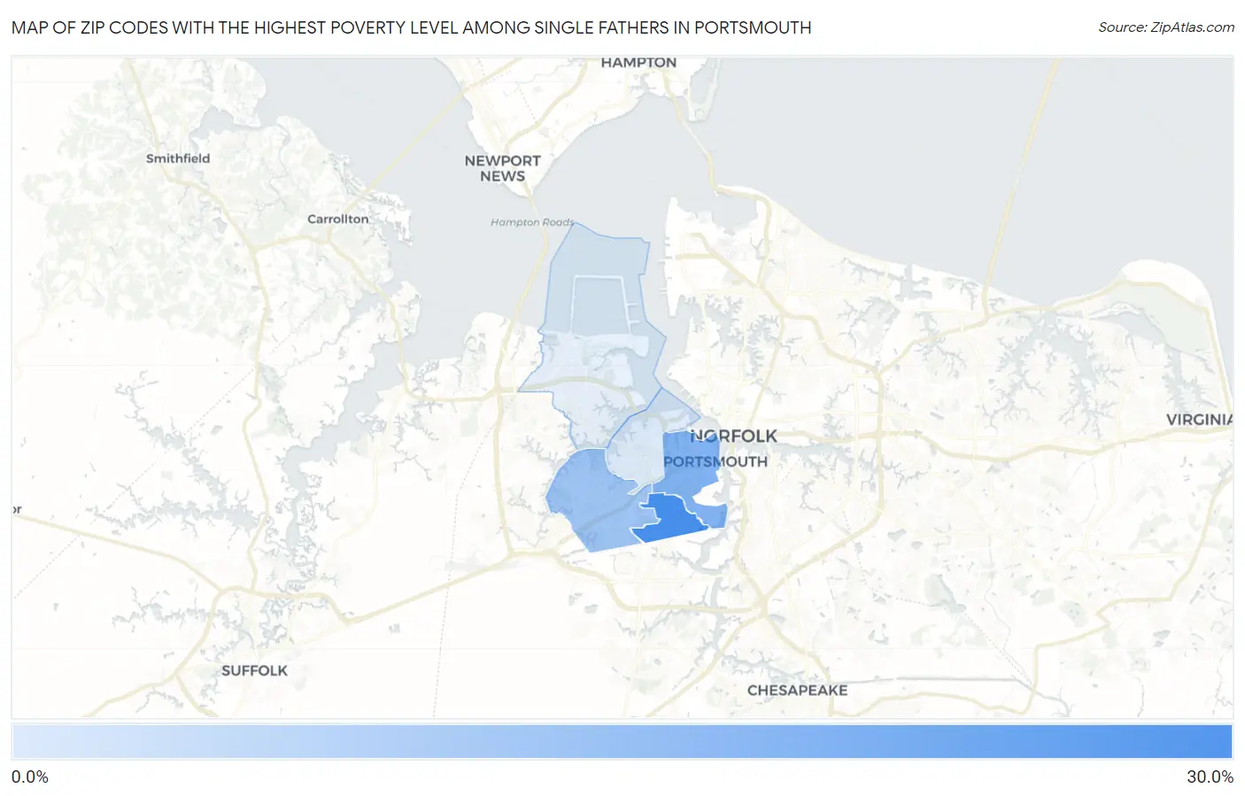 Zip Codes with the Highest Poverty Level Among Single Fathers in Portsmouth Map