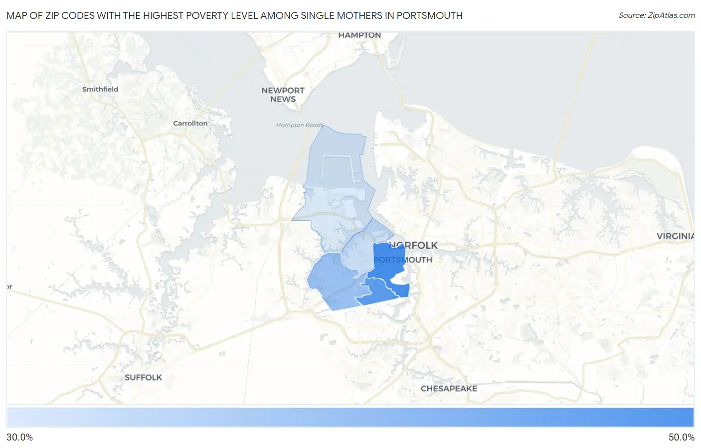 Zip Codes with the Highest Poverty Level Among Single Mothers in Portsmouth Map