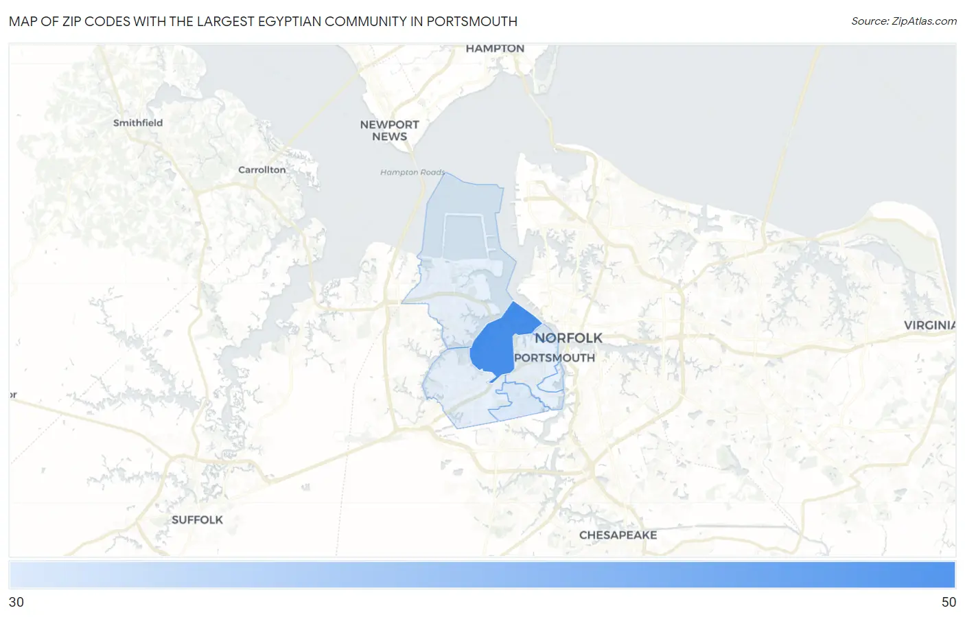 Zip Codes with the Largest Egyptian Community in Portsmouth Map