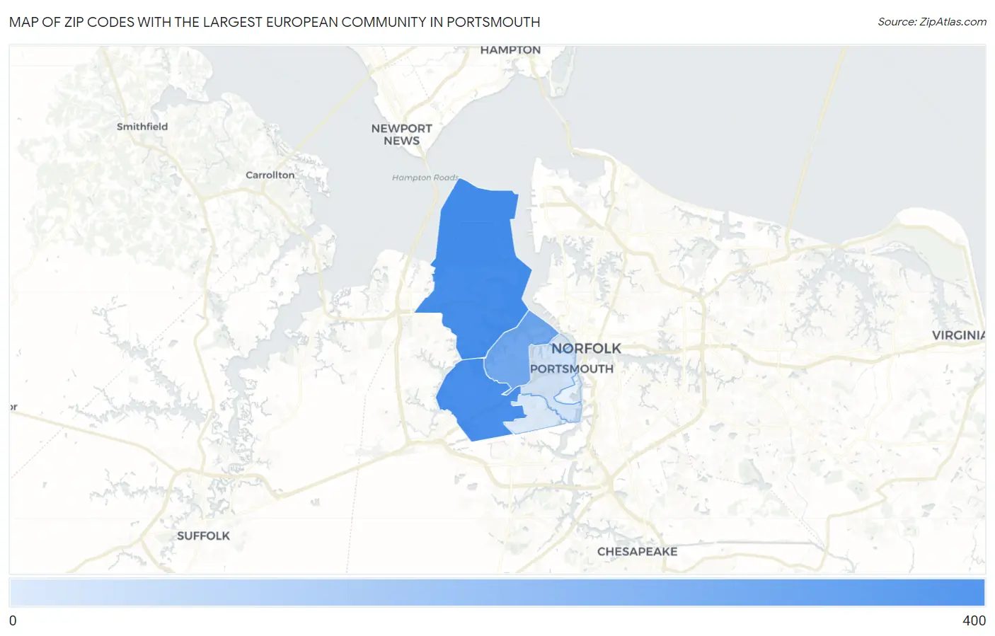 Zip Codes with the Largest European Community in Portsmouth Map