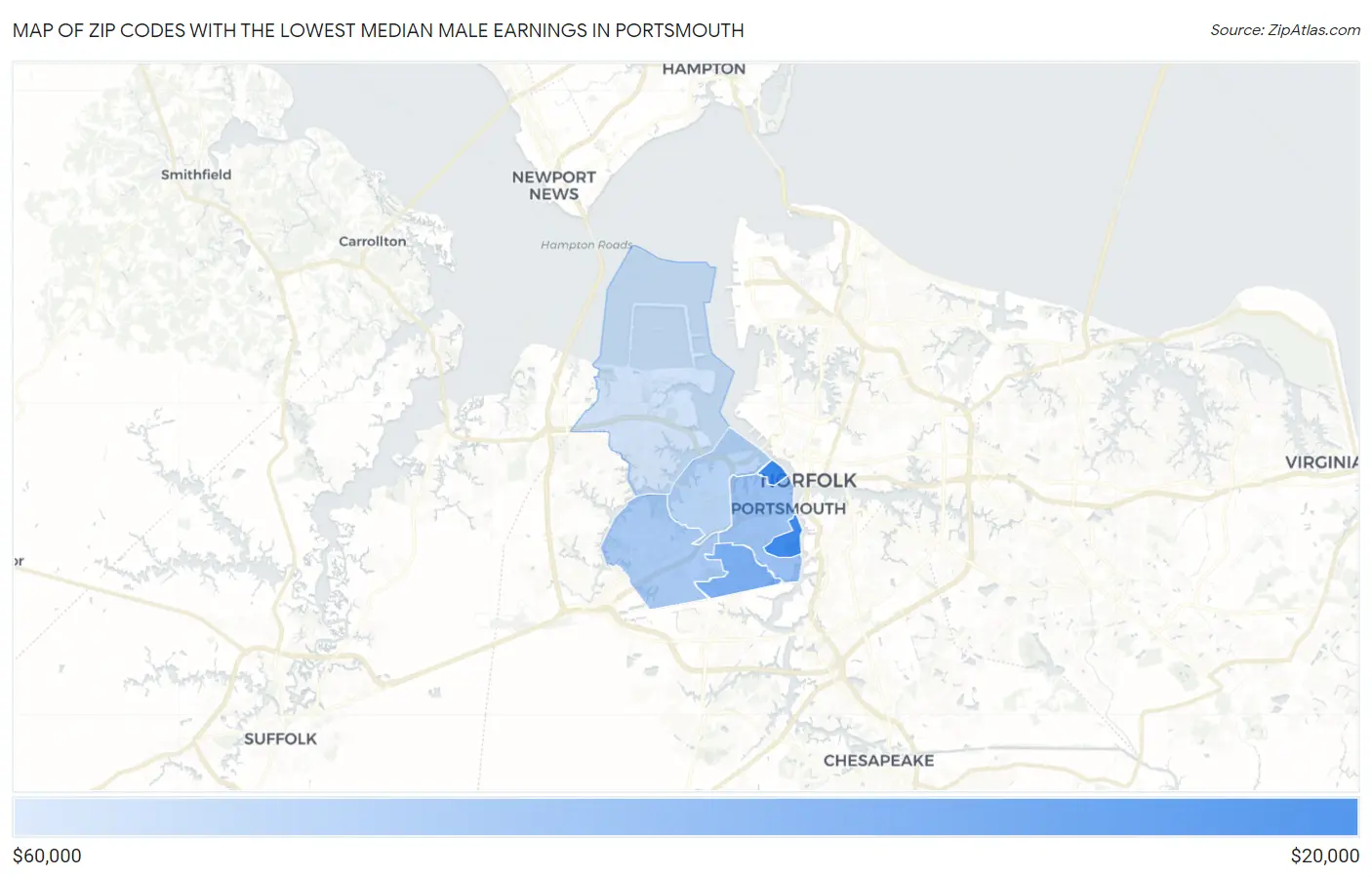 Zip Codes with the Lowest Median Male Earnings in Portsmouth Map