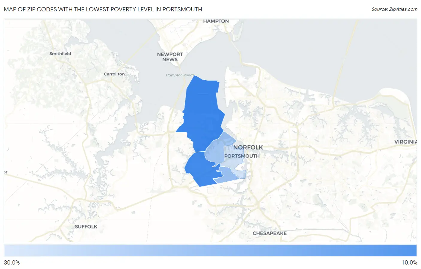 Zip Codes with the Lowest Poverty Level in Portsmouth Map