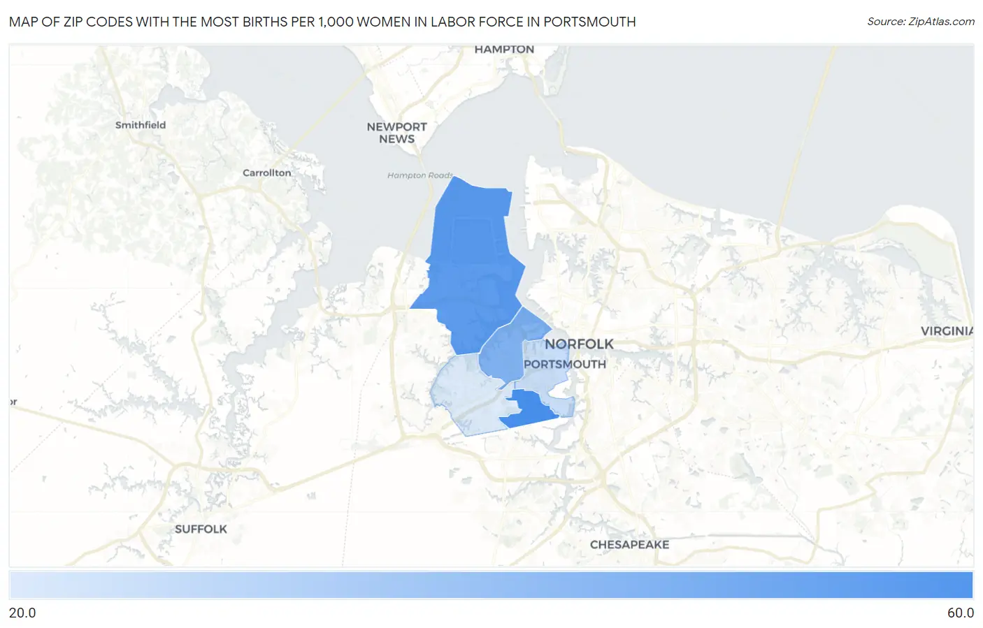 Zip Codes with the Most Births per 1,000 Women in Labor Force in Portsmouth Map