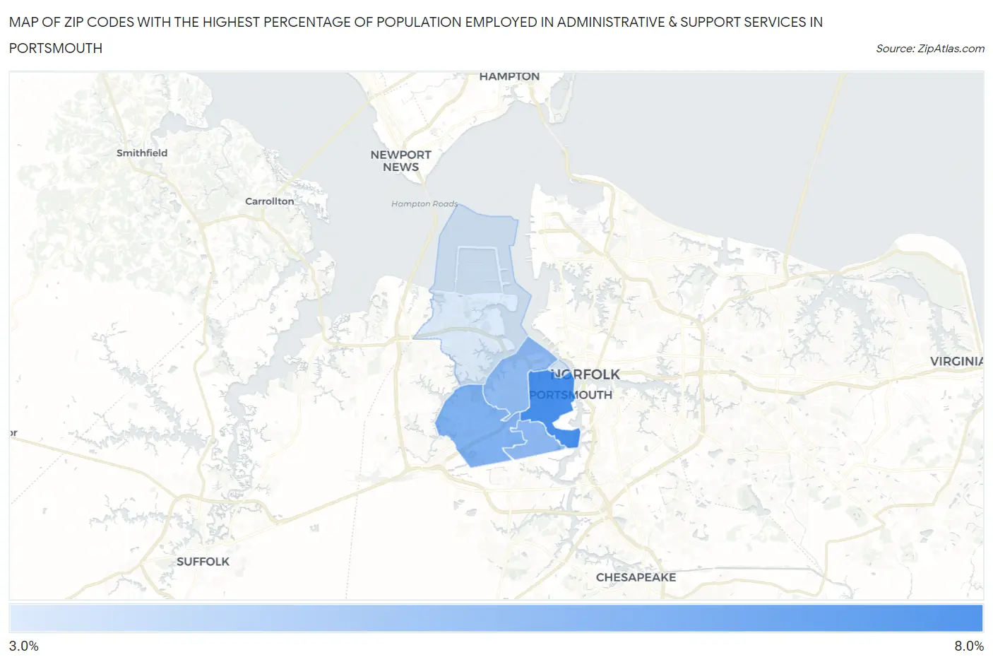 Zip Codes with the Highest Percentage of Population Employed in Administrative & Support Services in Portsmouth Map