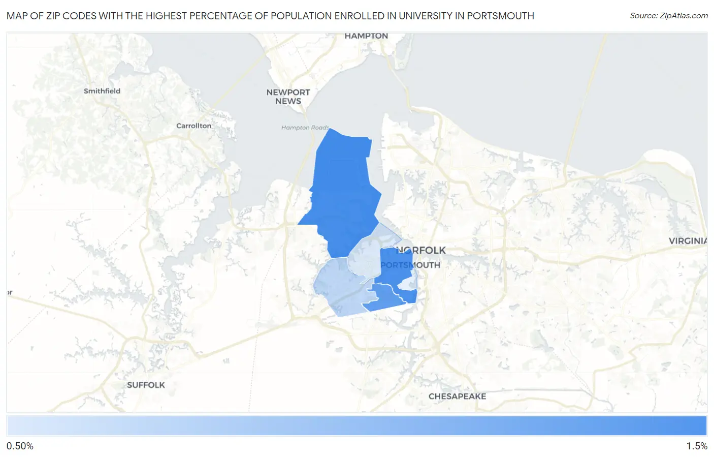 Zip Codes with the Highest Percentage of Population Enrolled in University in Portsmouth Map