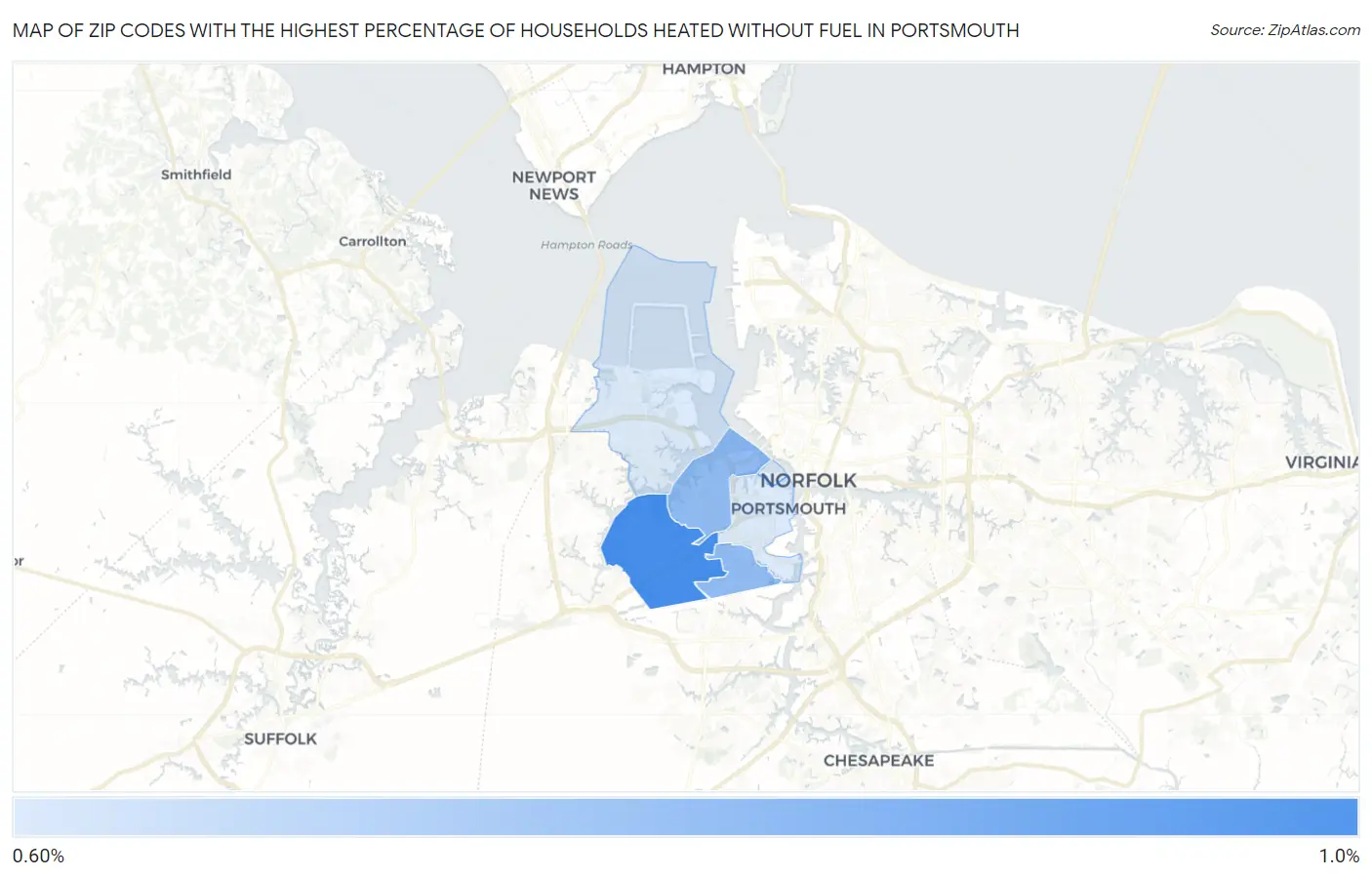Zip Codes with the Highest Percentage of Households Heated without Fuel in Portsmouth Map