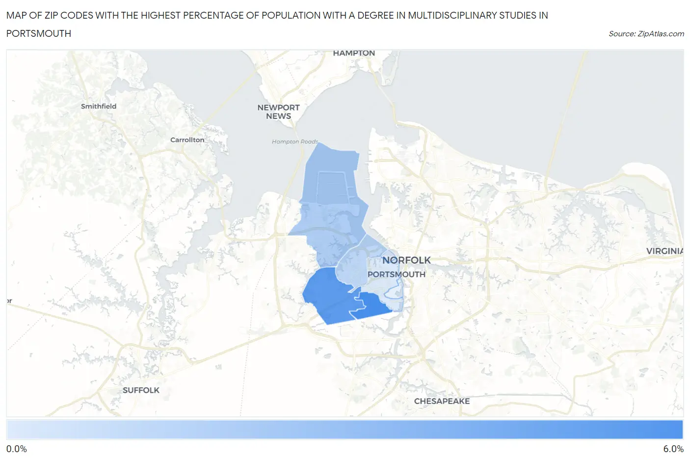Zip Codes with the Highest Percentage of Population with a Degree in Multidisciplinary Studies in Portsmouth Map