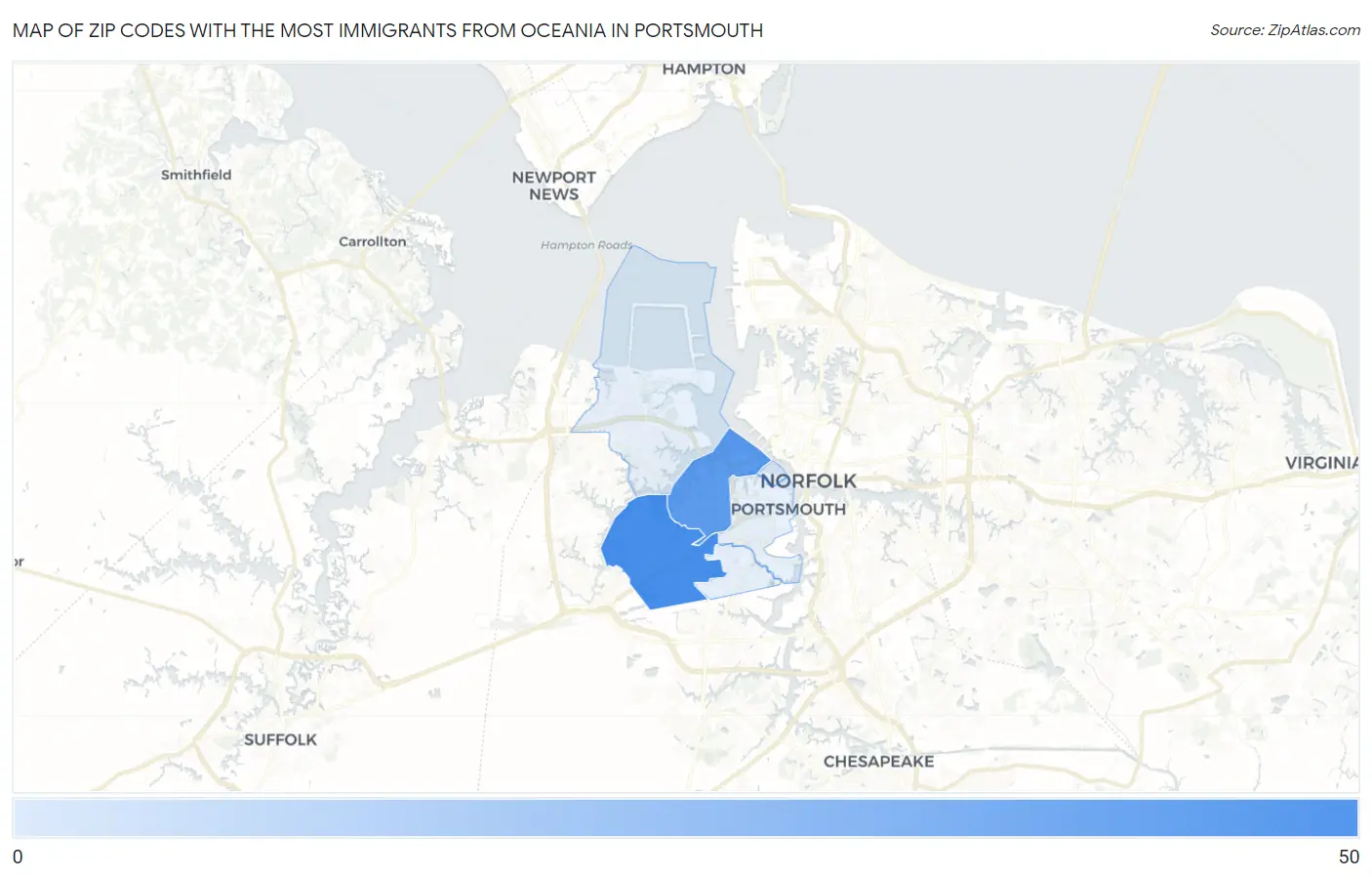 Zip Codes with the Most Immigrants from Oceania in Portsmouth Map