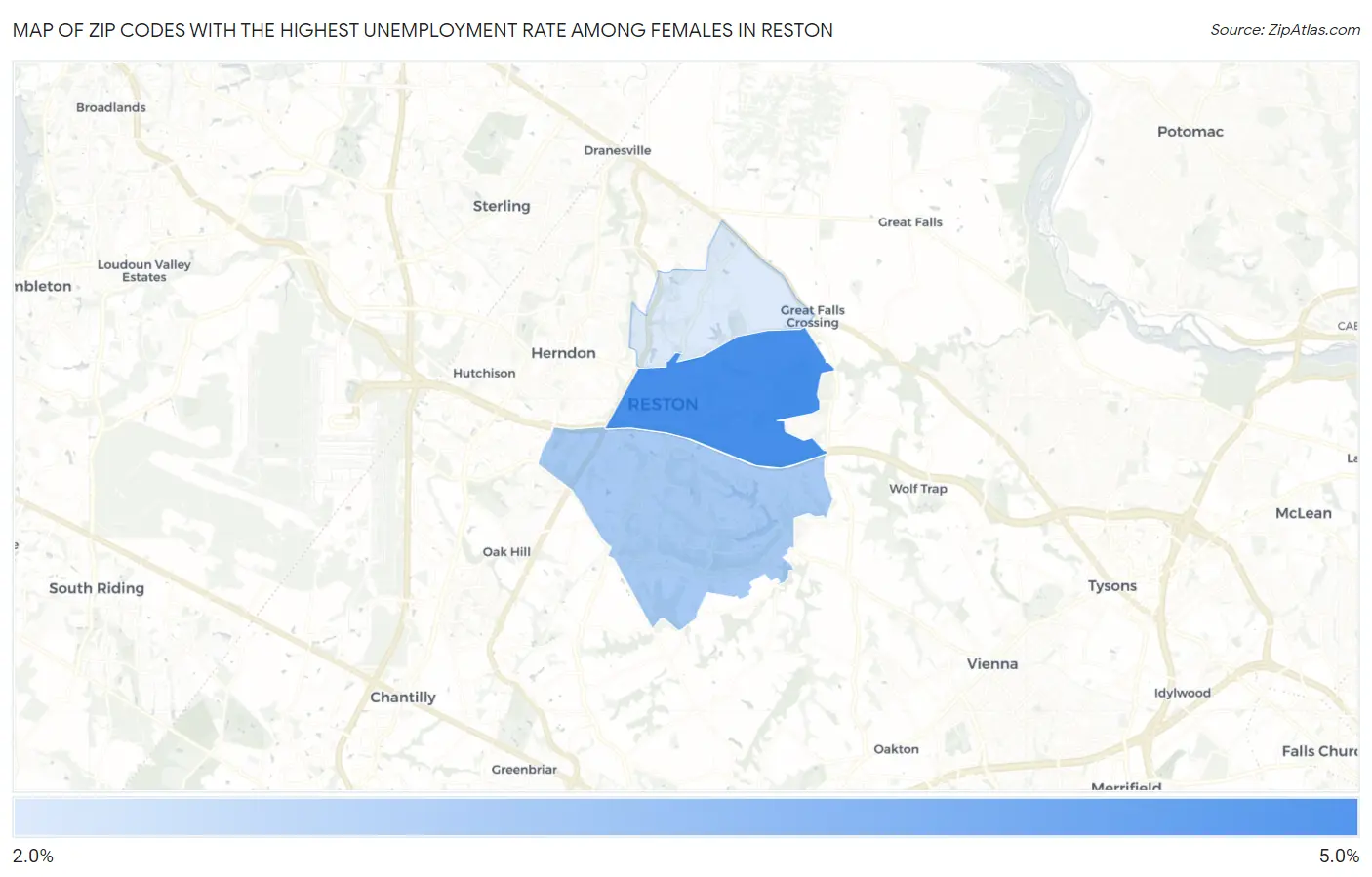Zip Codes with the Highest Unemployment Rate Among Females in Reston Map