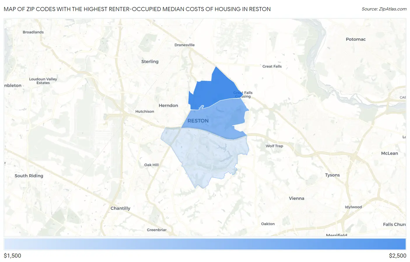 Zip Codes with the Highest Renter-Occupied Median Costs of Housing in Reston Map