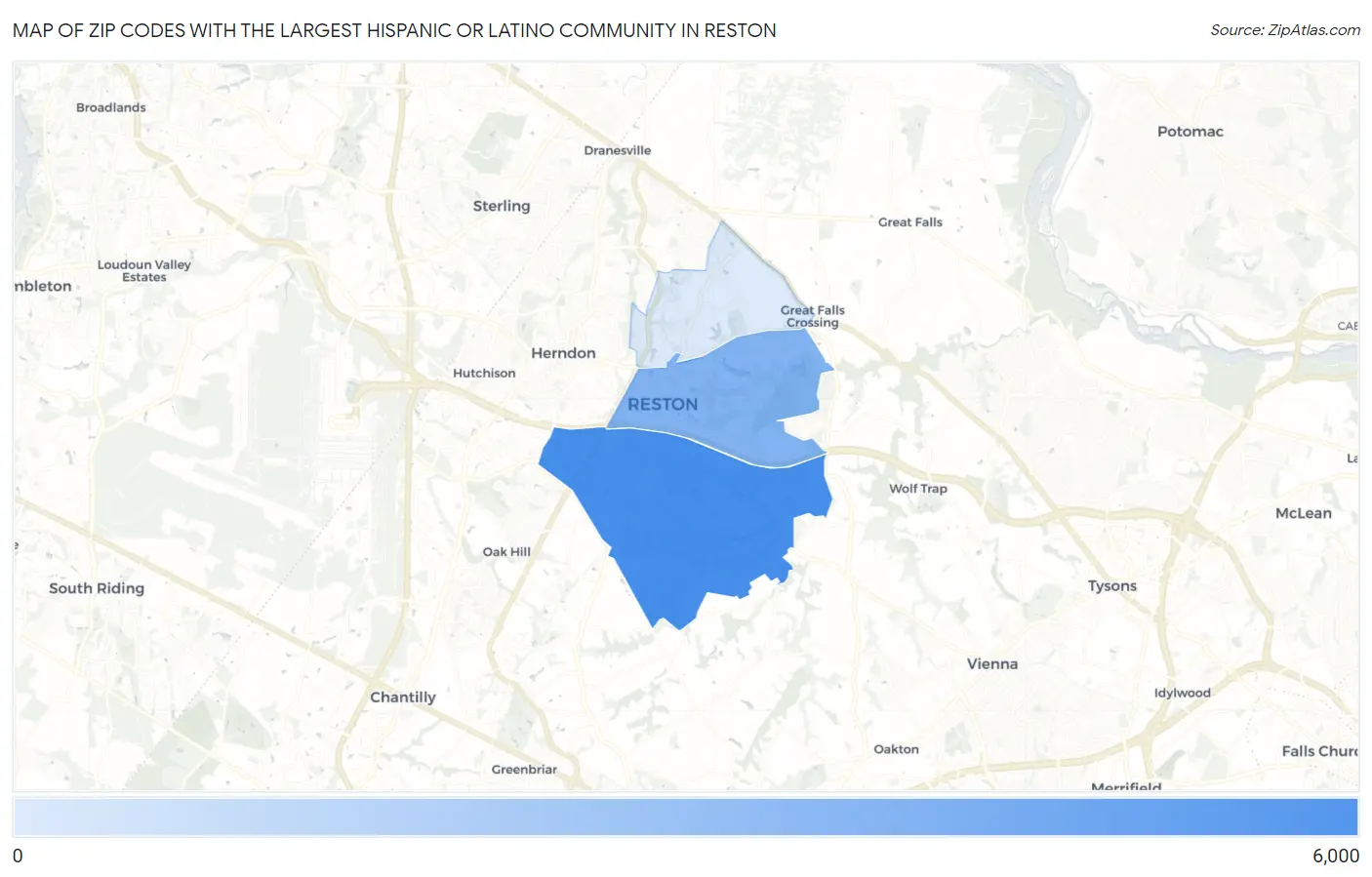 Zip Codes with the Largest Hispanic or Latino Community in Reston Map