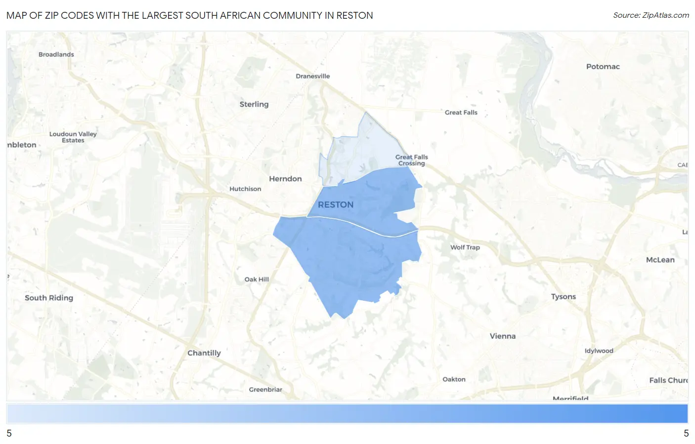 Zip Codes with the Largest South African Community in Reston Map