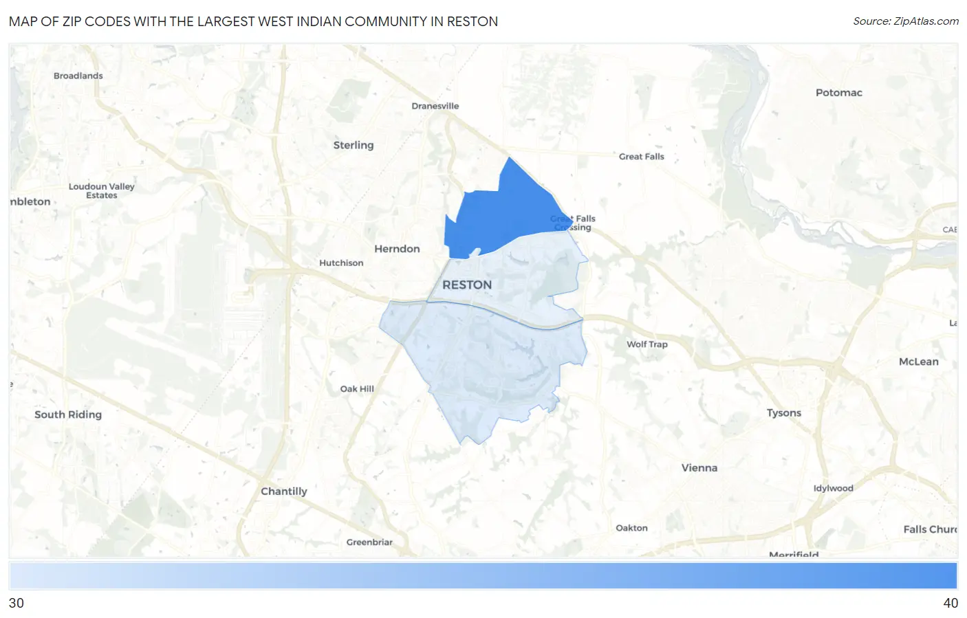Zip Codes with the Largest West Indian Community in Reston Map