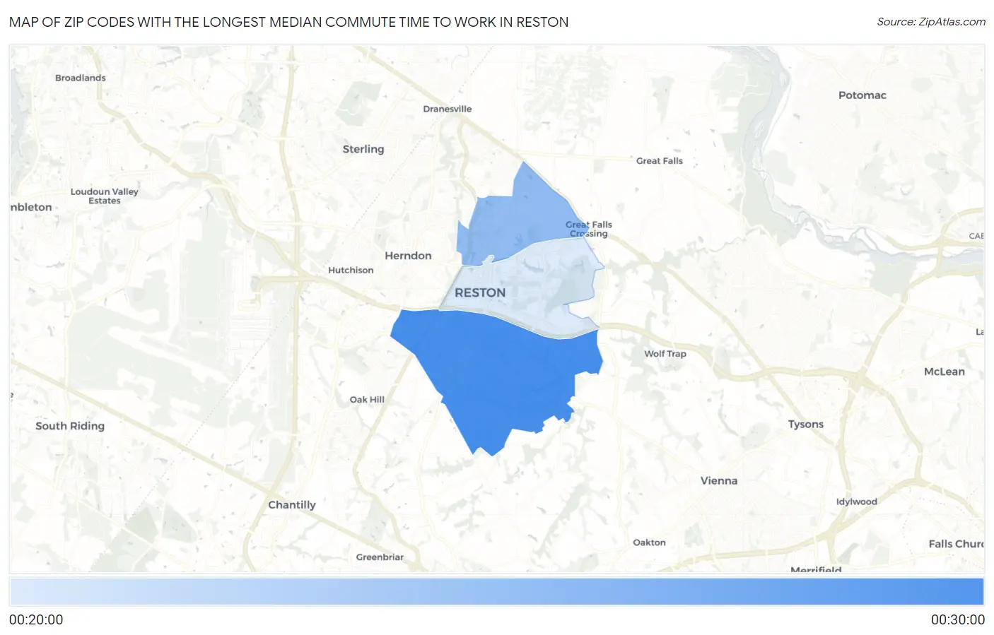 Zip Codes with the Longest Median Commute Time to Work in Reston Map