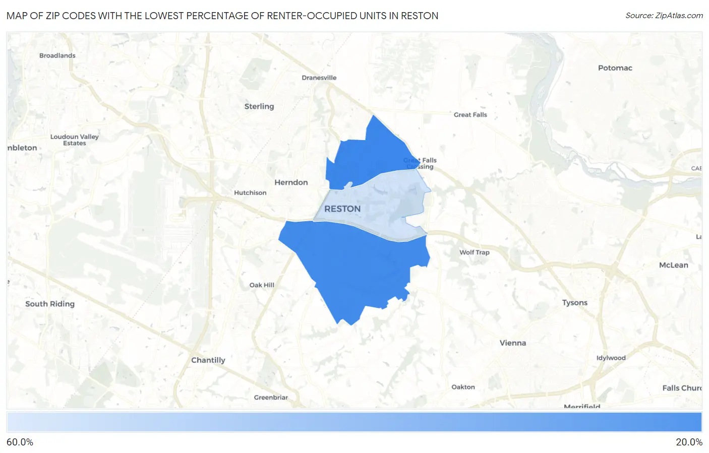 Zip Codes with the Lowest Percentage of Renter-Occupied Units in Reston Map