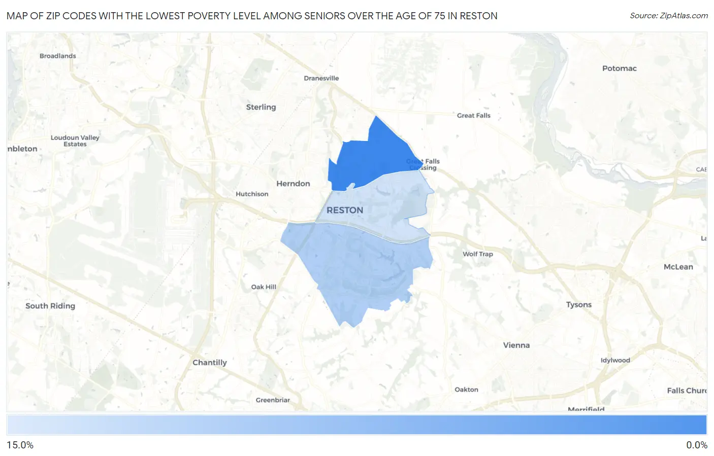 Zip Codes with the Lowest Poverty Level Among Seniors Over the Age of 75 in Reston Map