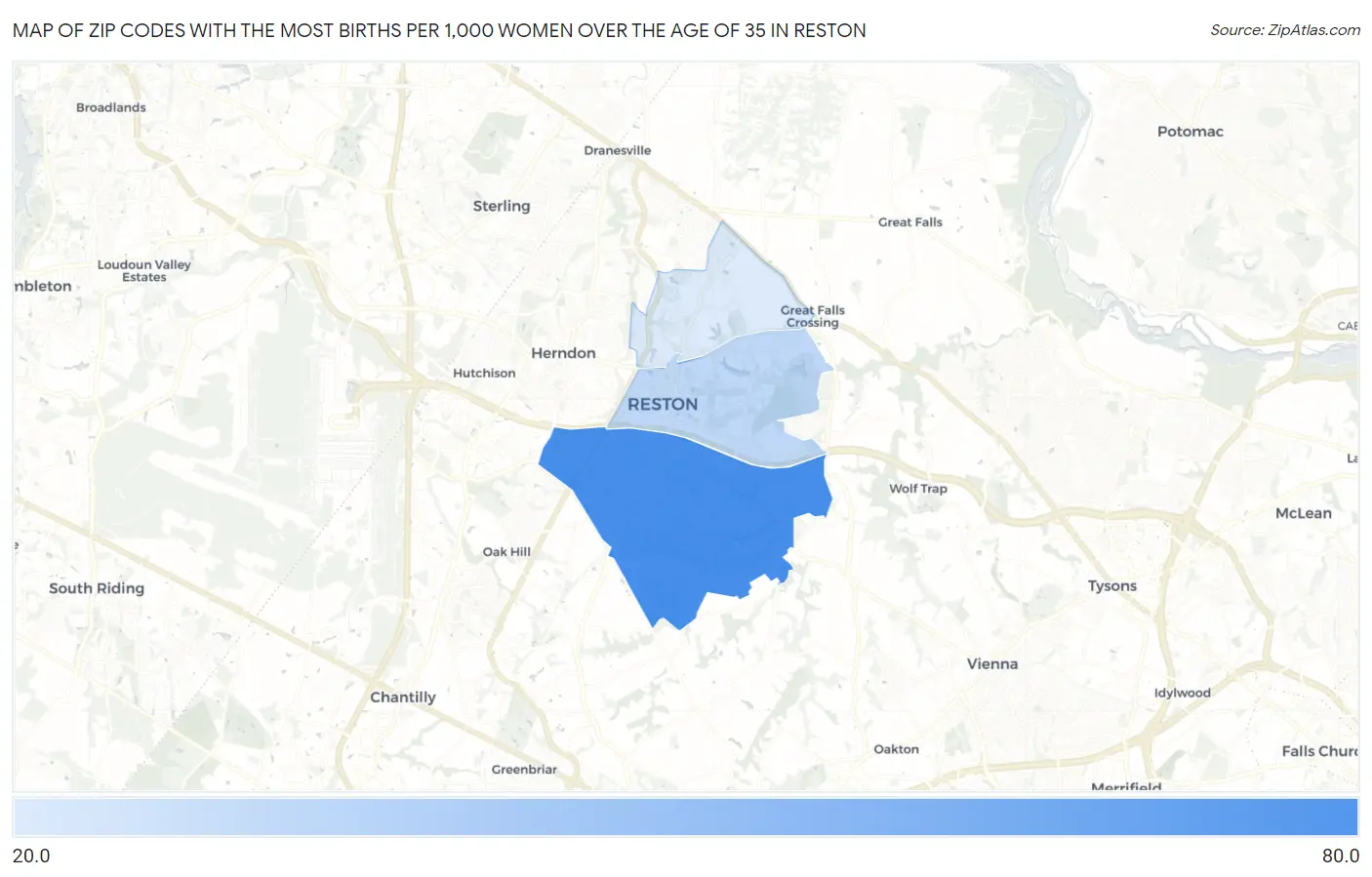 Zip Codes with the Most Births per 1,000 Women Over the Age of 35 in Reston Map