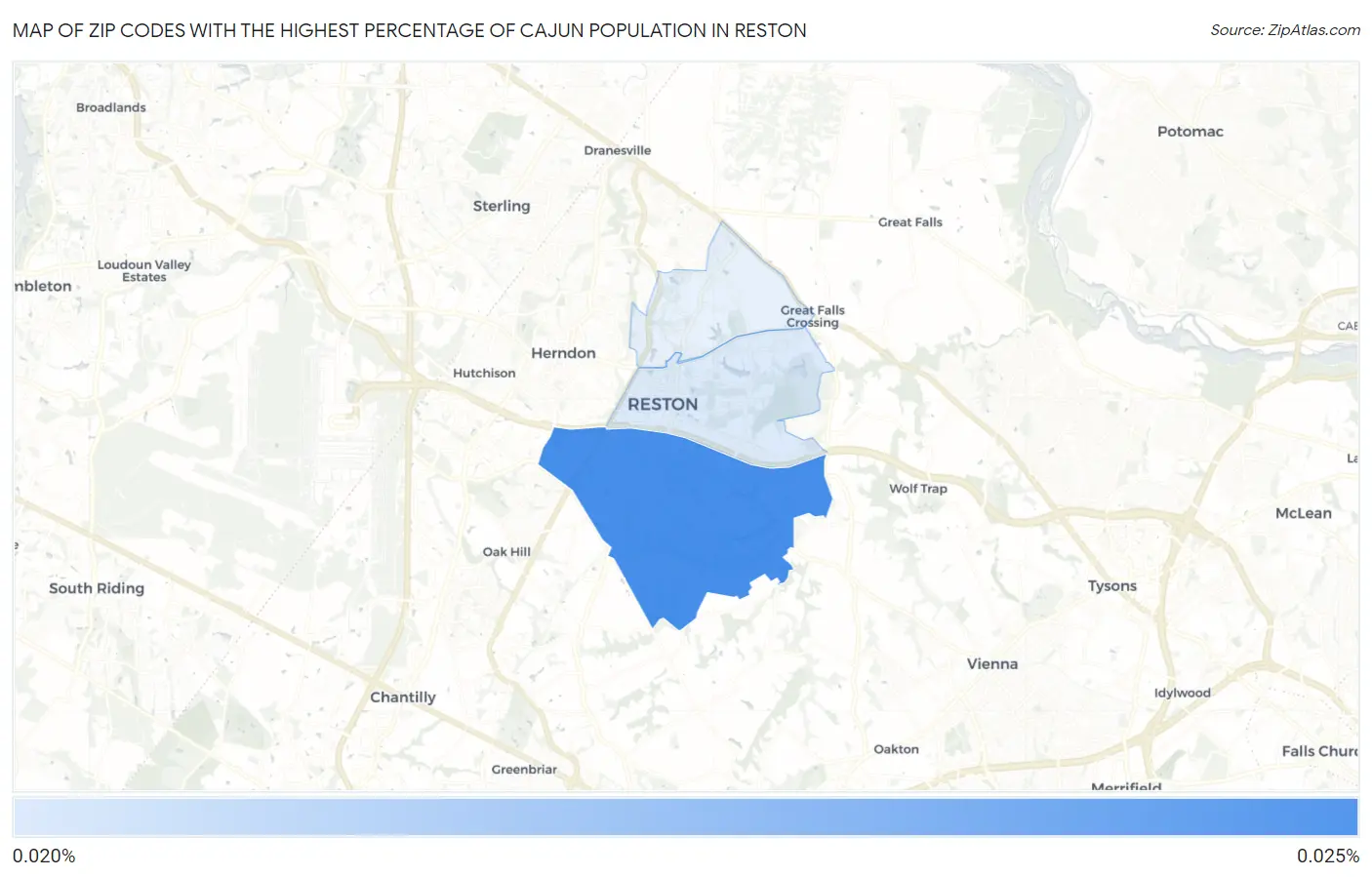 Zip Codes with the Highest Percentage of Cajun Population in Reston Map