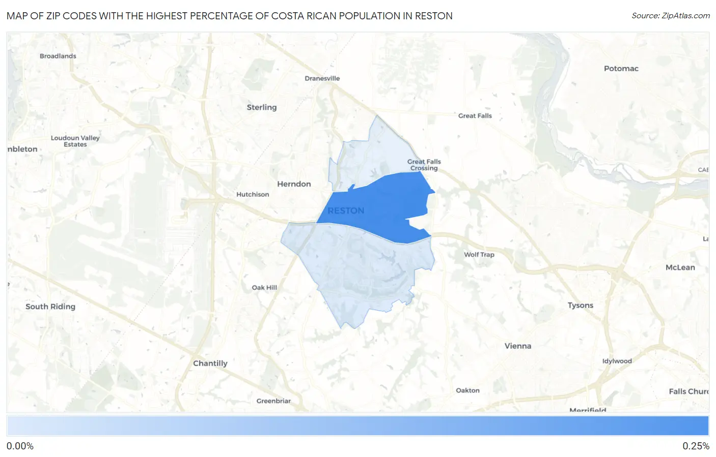 Zip Codes with the Highest Percentage of Costa Rican Population in Reston Map