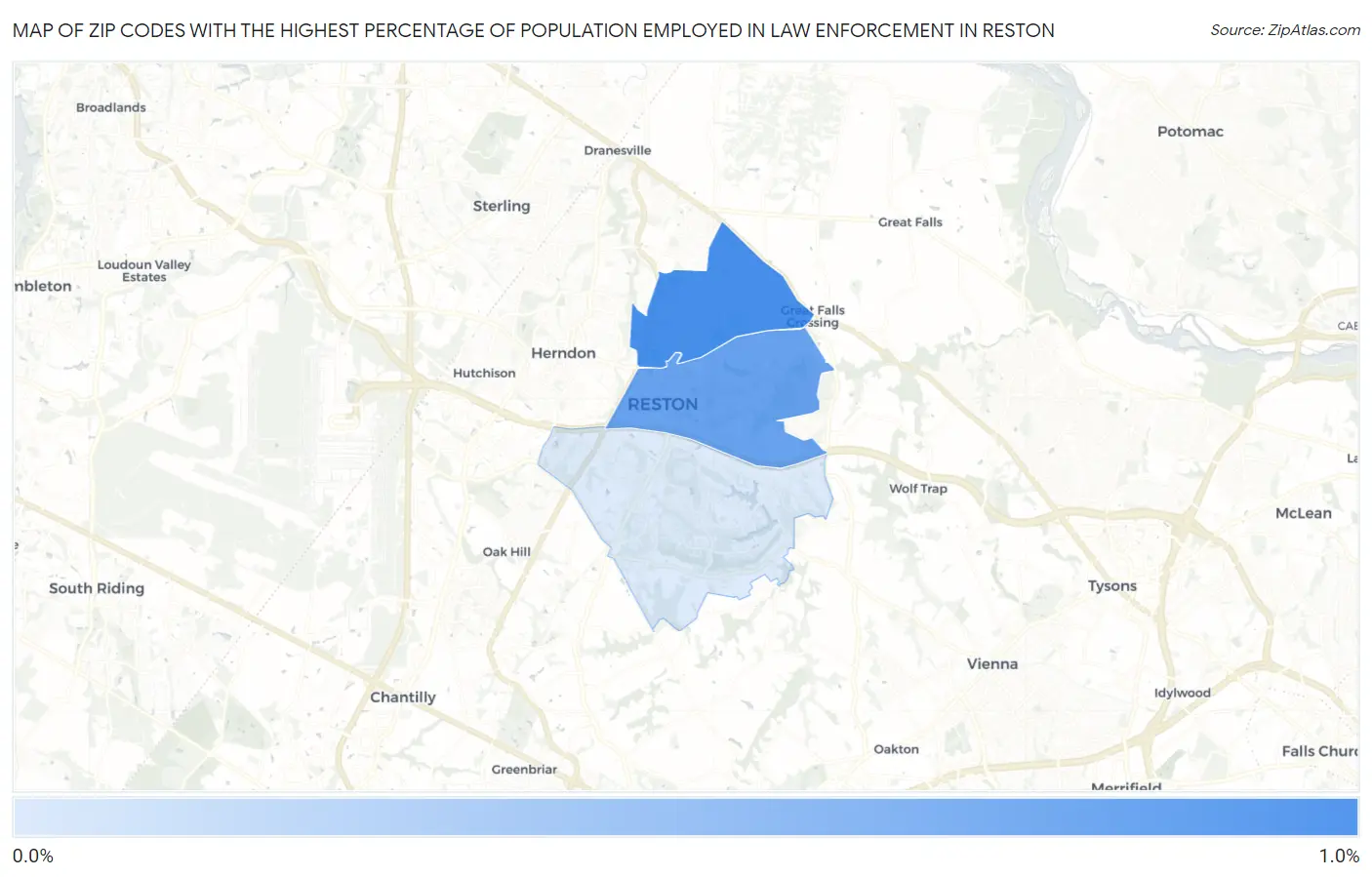 Zip Codes with the Highest Percentage of Population Employed in Law Enforcement in Reston Map