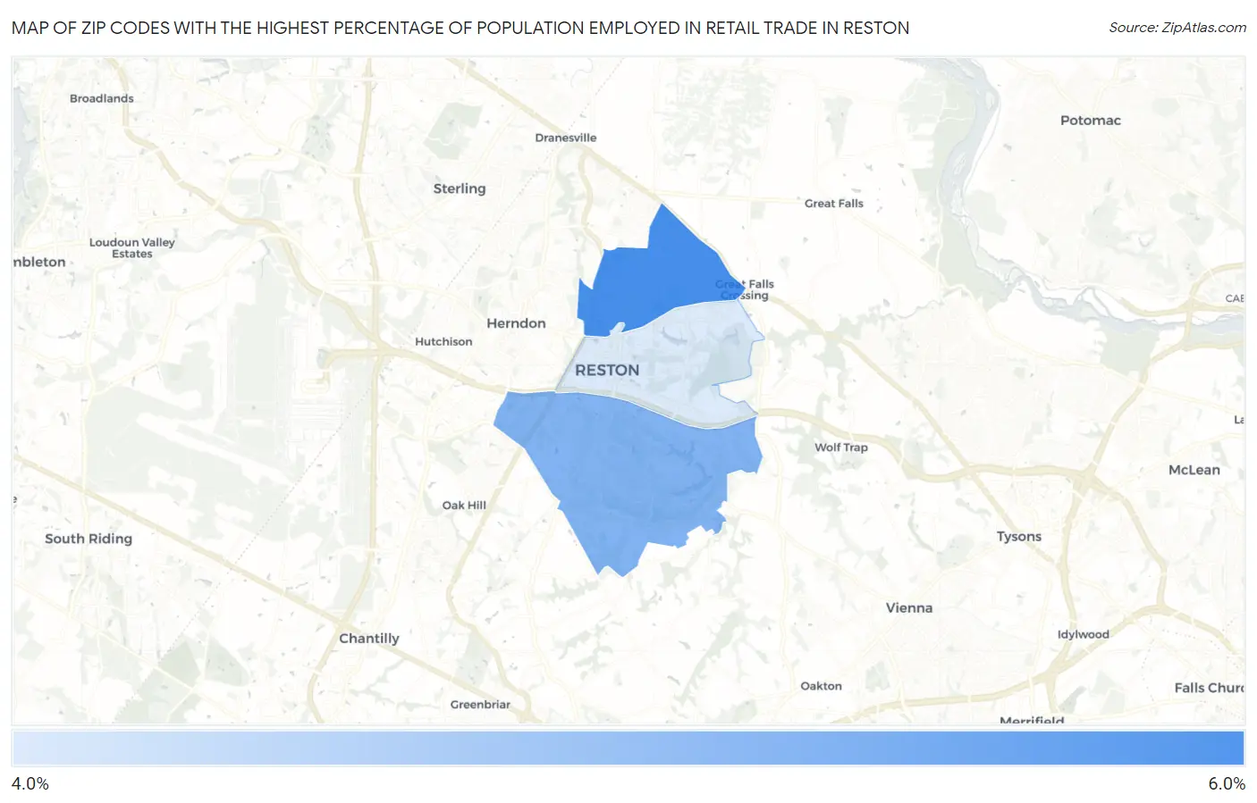 Zip Codes with the Highest Percentage of Population Employed in Retail Trade in Reston Map