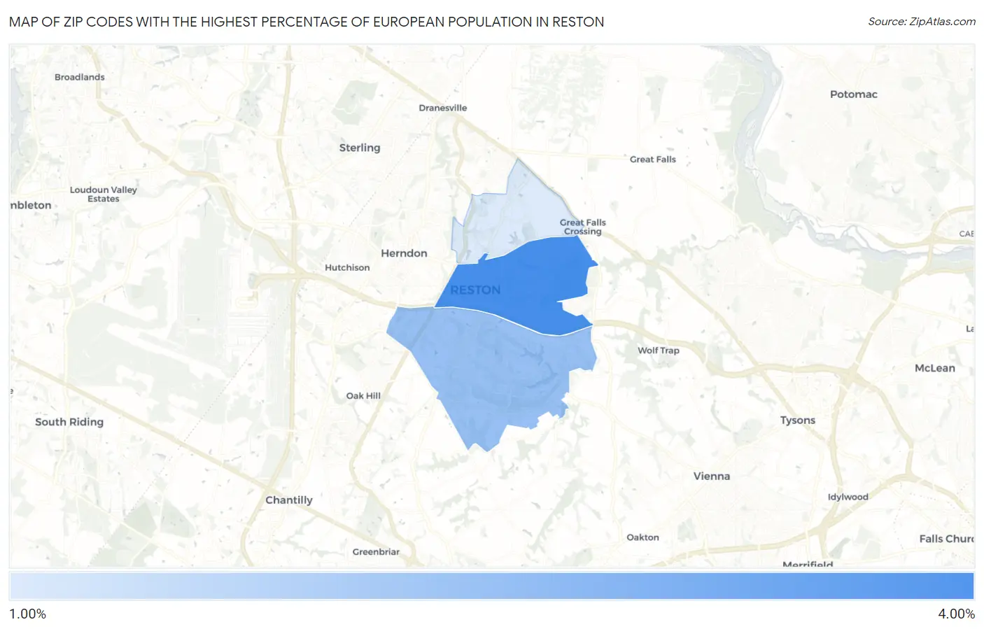 Zip Codes with the Highest Percentage of European Population in Reston Map