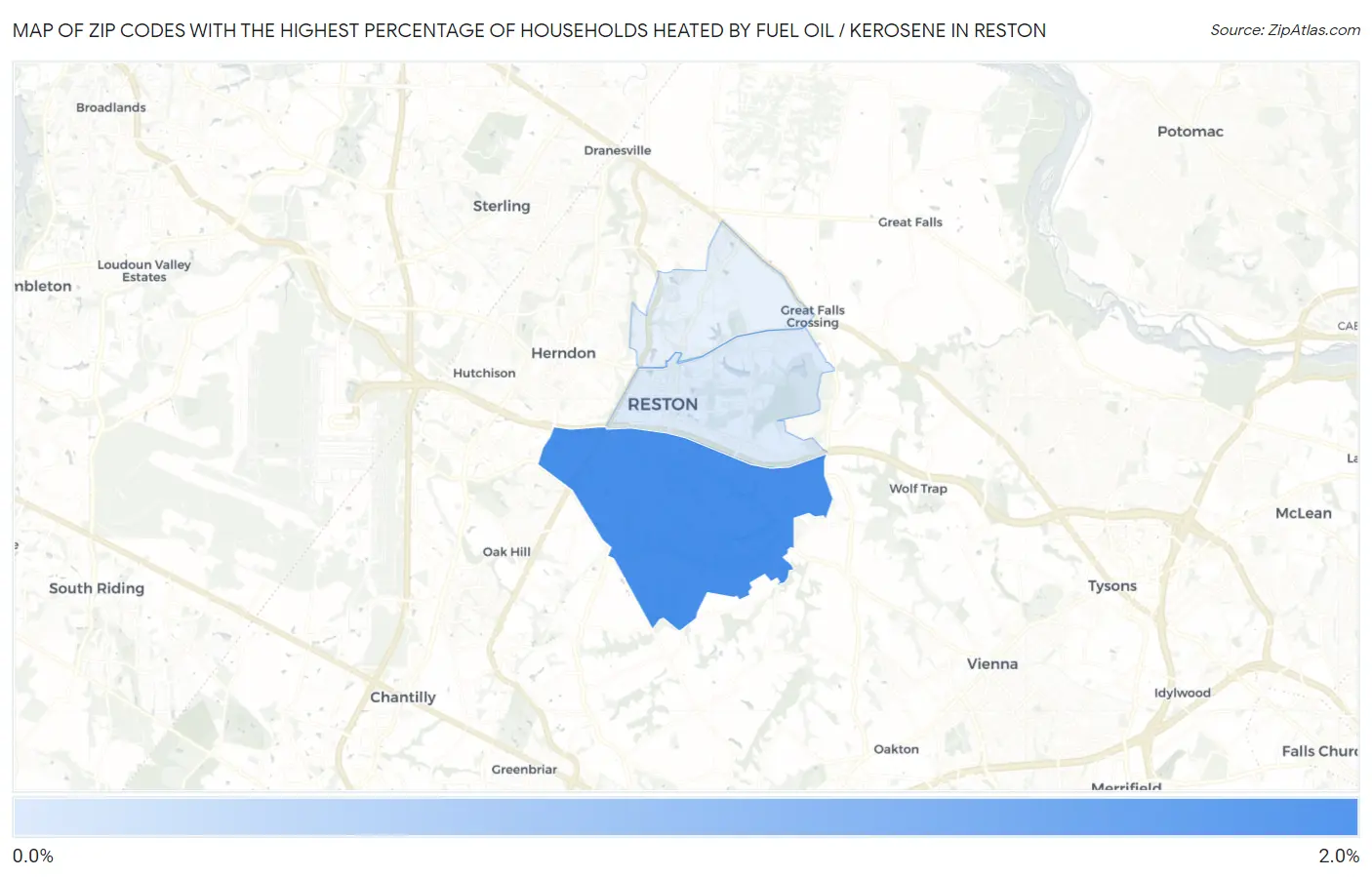 Zip Codes with the Highest Percentage of Households Heated by Fuel Oil / Kerosene in Reston Map