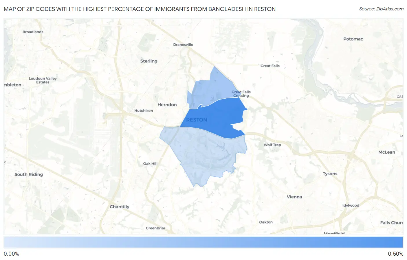 Zip Codes with the Highest Percentage of Immigrants from Bangladesh in Reston Map