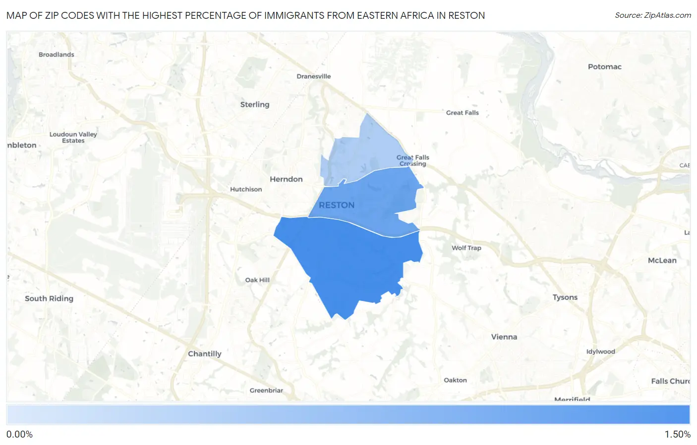 Zip Codes with the Highest Percentage of Immigrants from Eastern Africa in Reston Map
