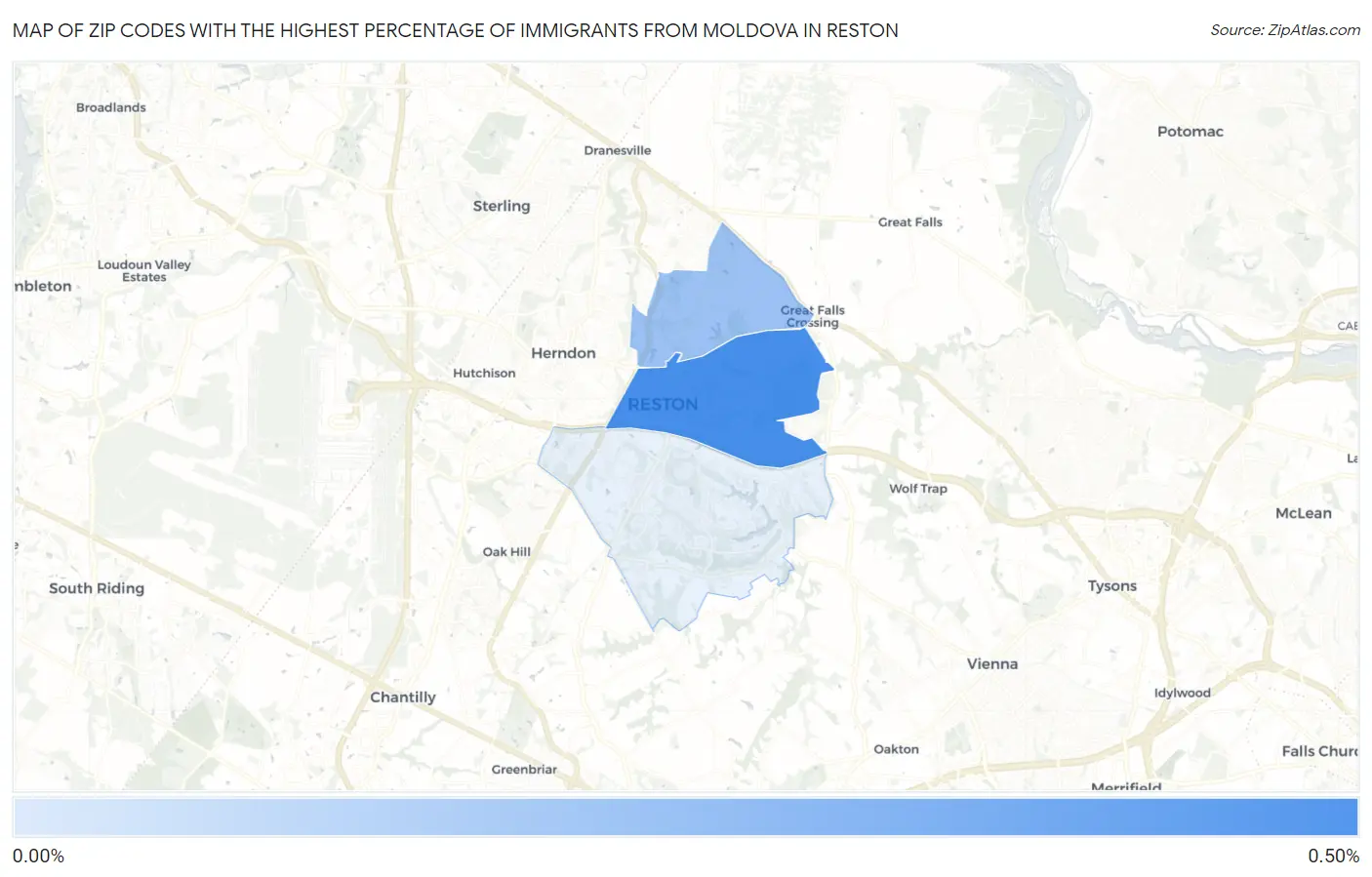 Zip Codes with the Highest Percentage of Immigrants from Moldova in Reston Map