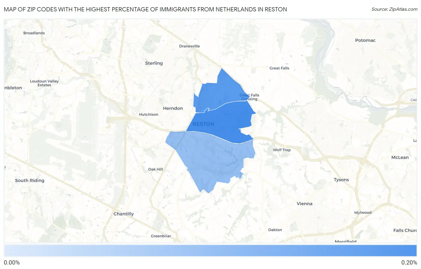 Zip Codes with the Highest Percentage of Immigrants from Netherlands in Reston Map