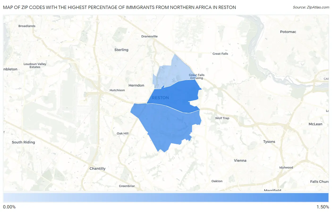 Zip Codes with the Highest Percentage of Immigrants from Northern Africa in Reston Map