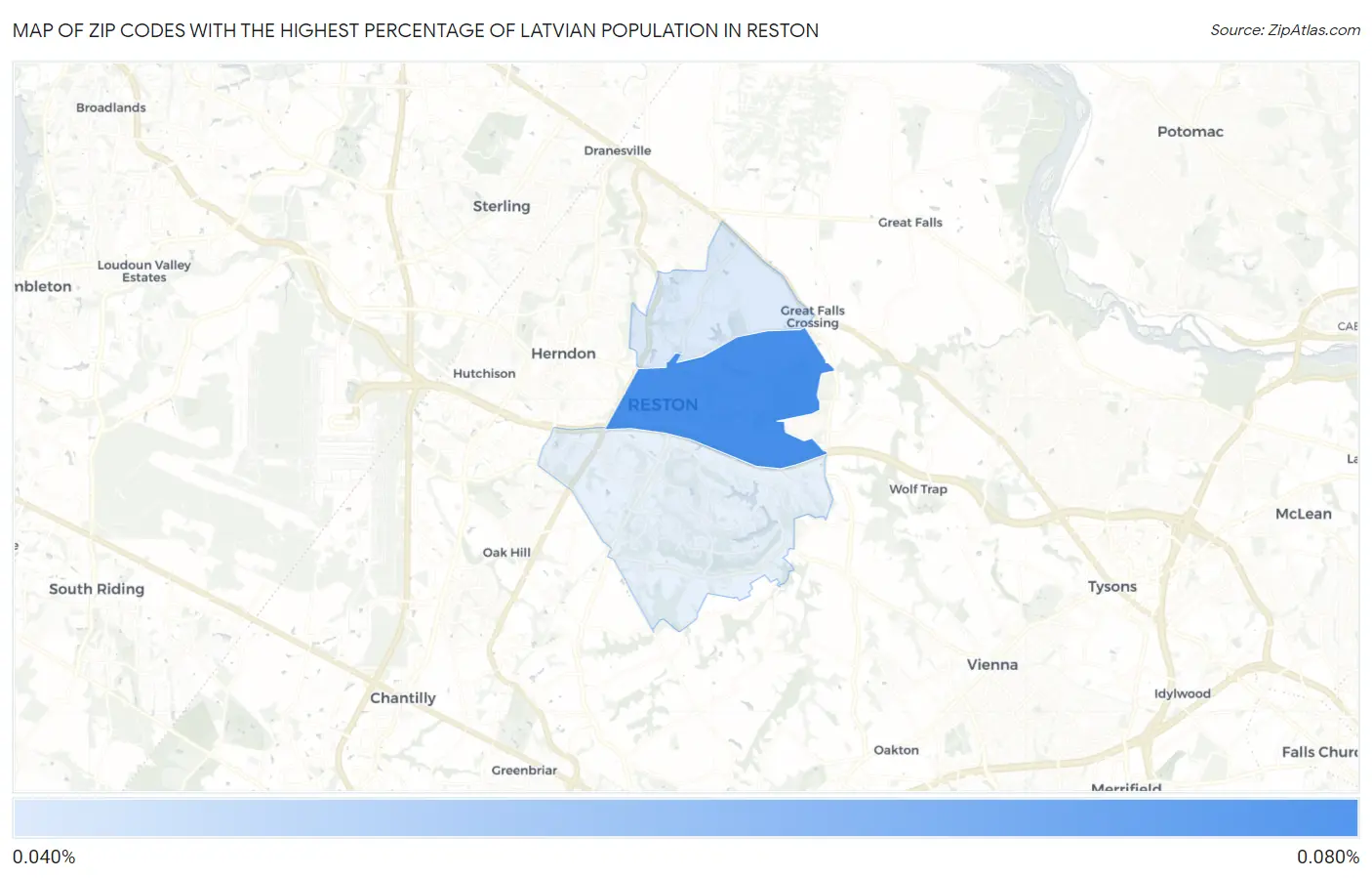 Zip Codes with the Highest Percentage of Latvian Population in Reston Map