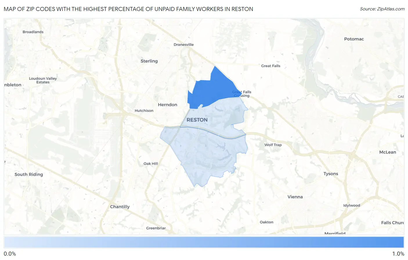 Zip Codes with the Highest Percentage of Unpaid Family Workers in Reston Map