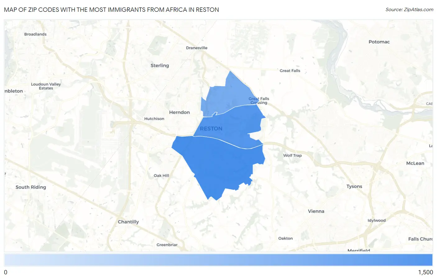 Zip Codes with the Most Immigrants from Africa in Reston Map