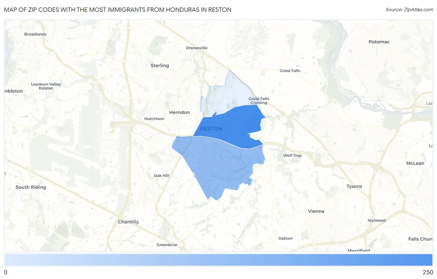 Zip Codes with the Most Immigrants from Honduras in Reston Map