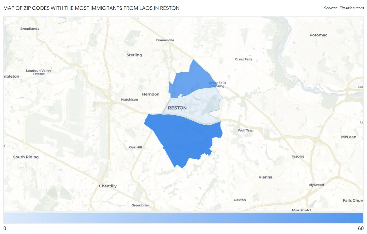 Zip Codes with the Most Immigrants from Laos in Reston Map