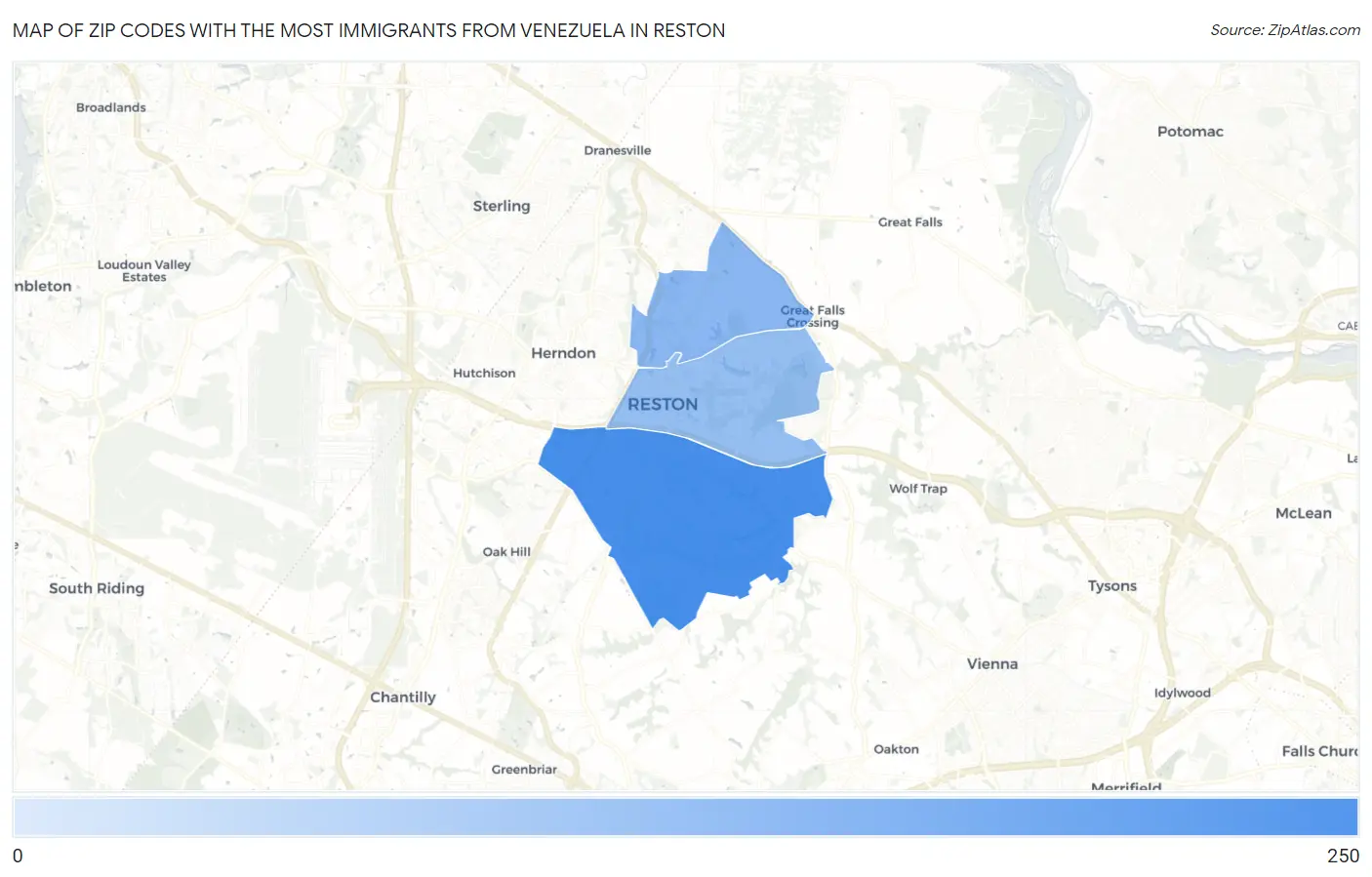 Zip Codes with the Most Immigrants from Venezuela in Reston Map