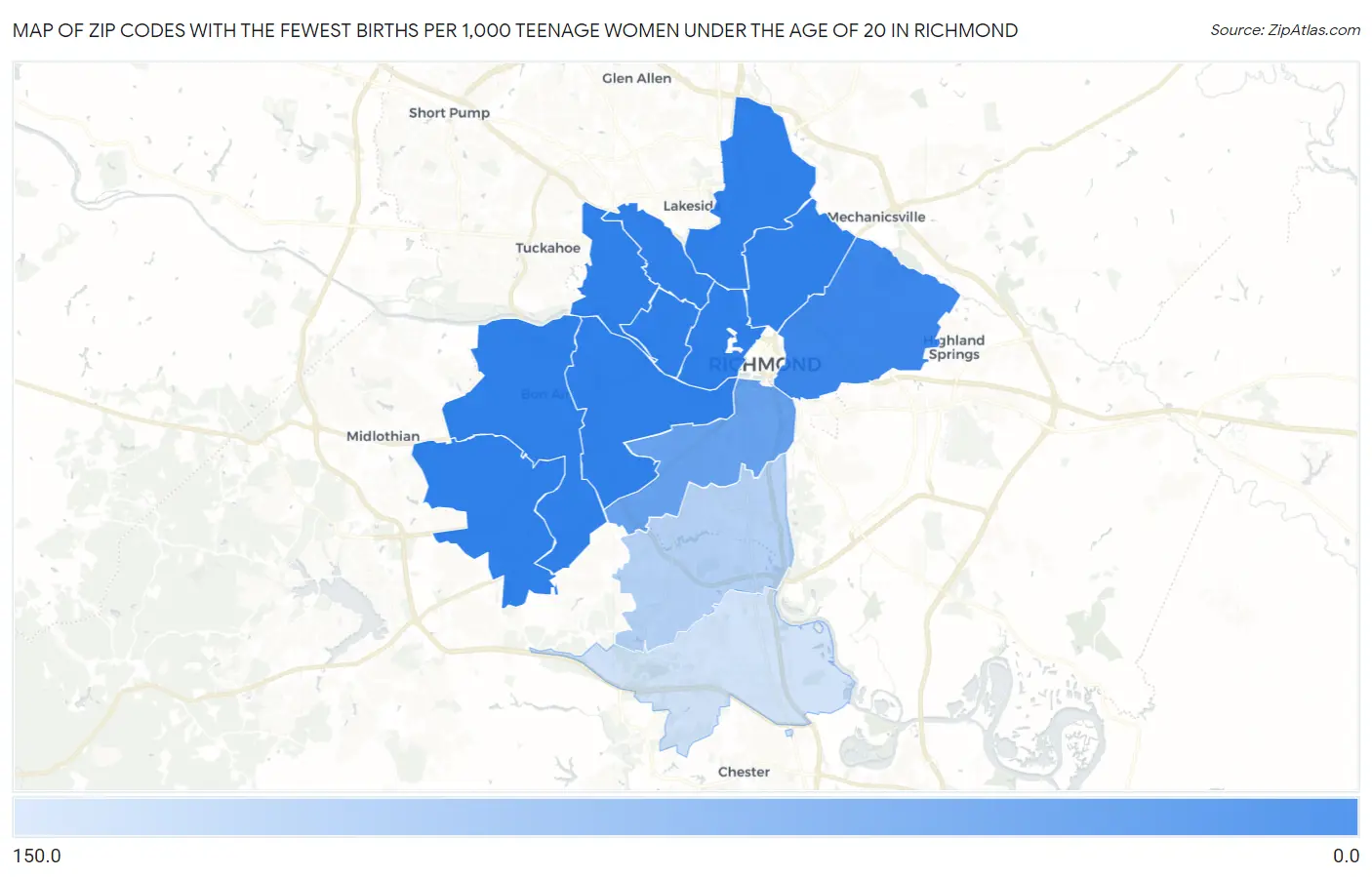 Zip Codes with the Fewest Births per 1,000 Teenage Women Under the Age of 20 in Richmond Map