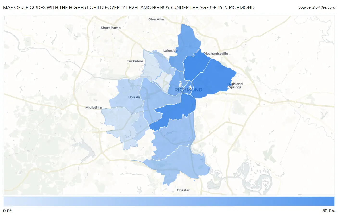 Zip Codes with the Highest Child Poverty Level Among Boys Under the Age of 16 in Richmond Map