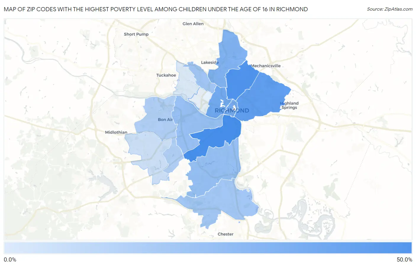 Zip Codes with the Highest Poverty Level Among Children Under the Age of 16 in Richmond Map