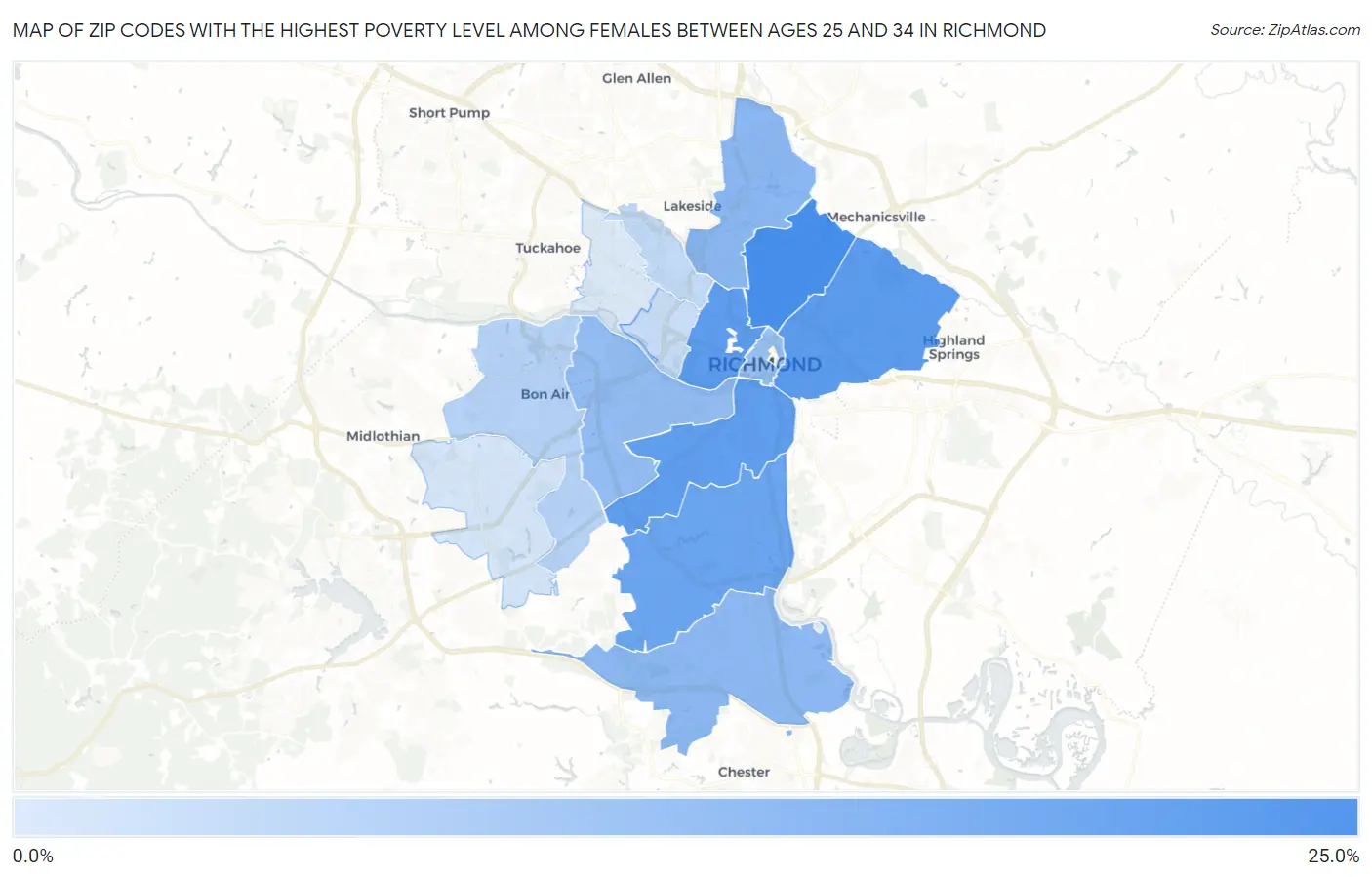 Zip Codes with the Highest Poverty Level Among Females Between Ages 25 and 34 in Richmond Map