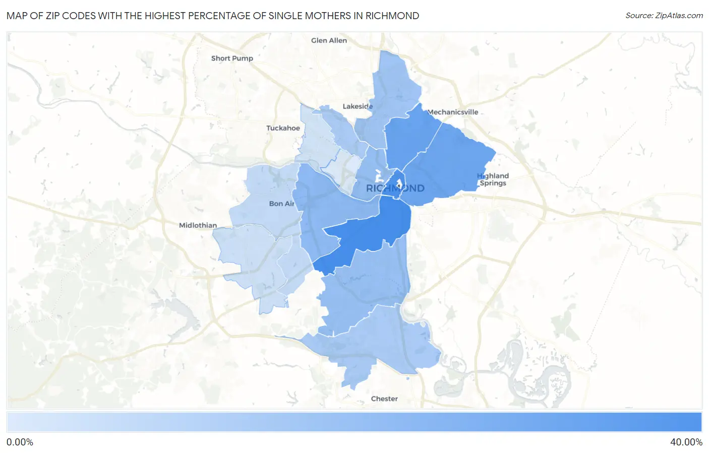 Zip Codes with the Highest Percentage of Single Mothers in Richmond Map