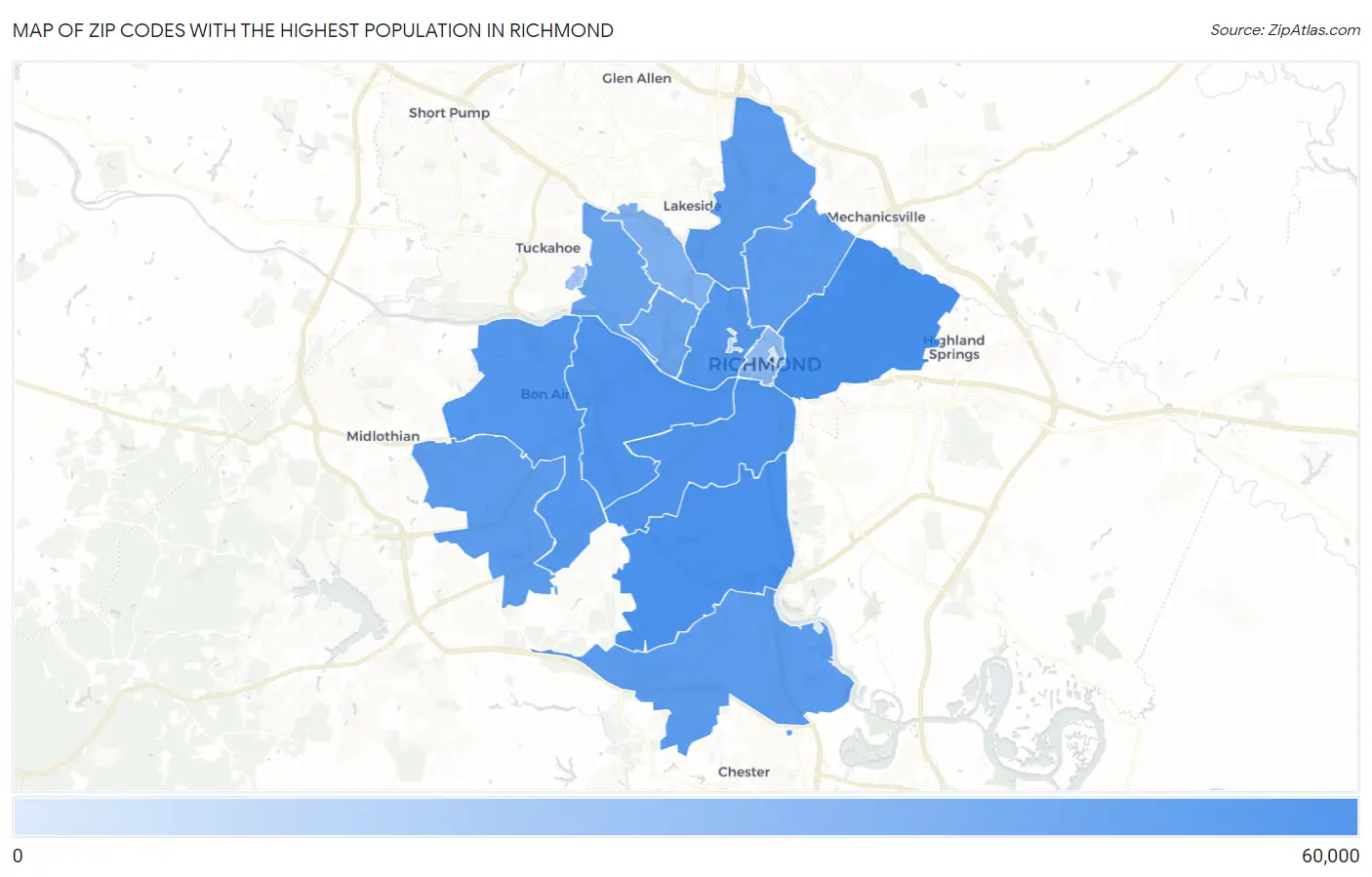 Zip Codes with the Highest Population in Richmond Map