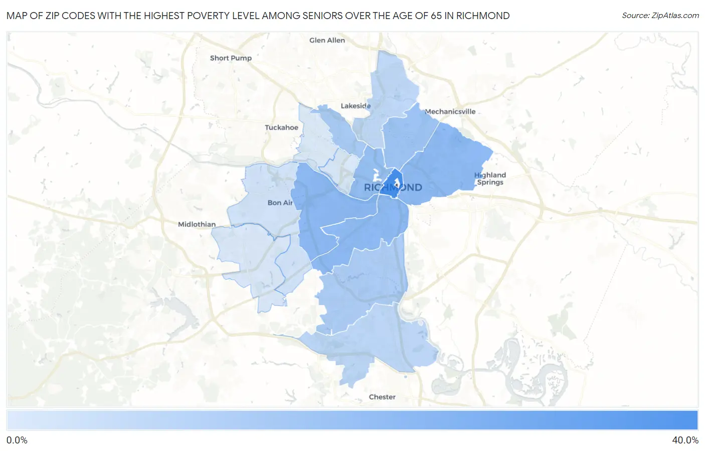 Zip Codes with the Highest Poverty Level Among Seniors Over the Age of 65 in Richmond Map