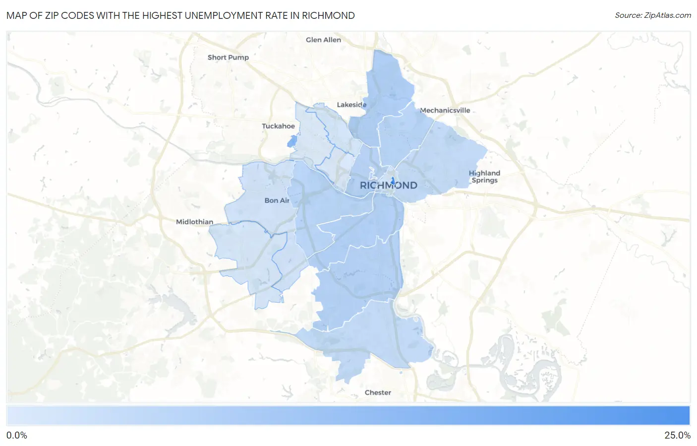 Zip Codes with the Highest Unemployment Rate in Richmond Map