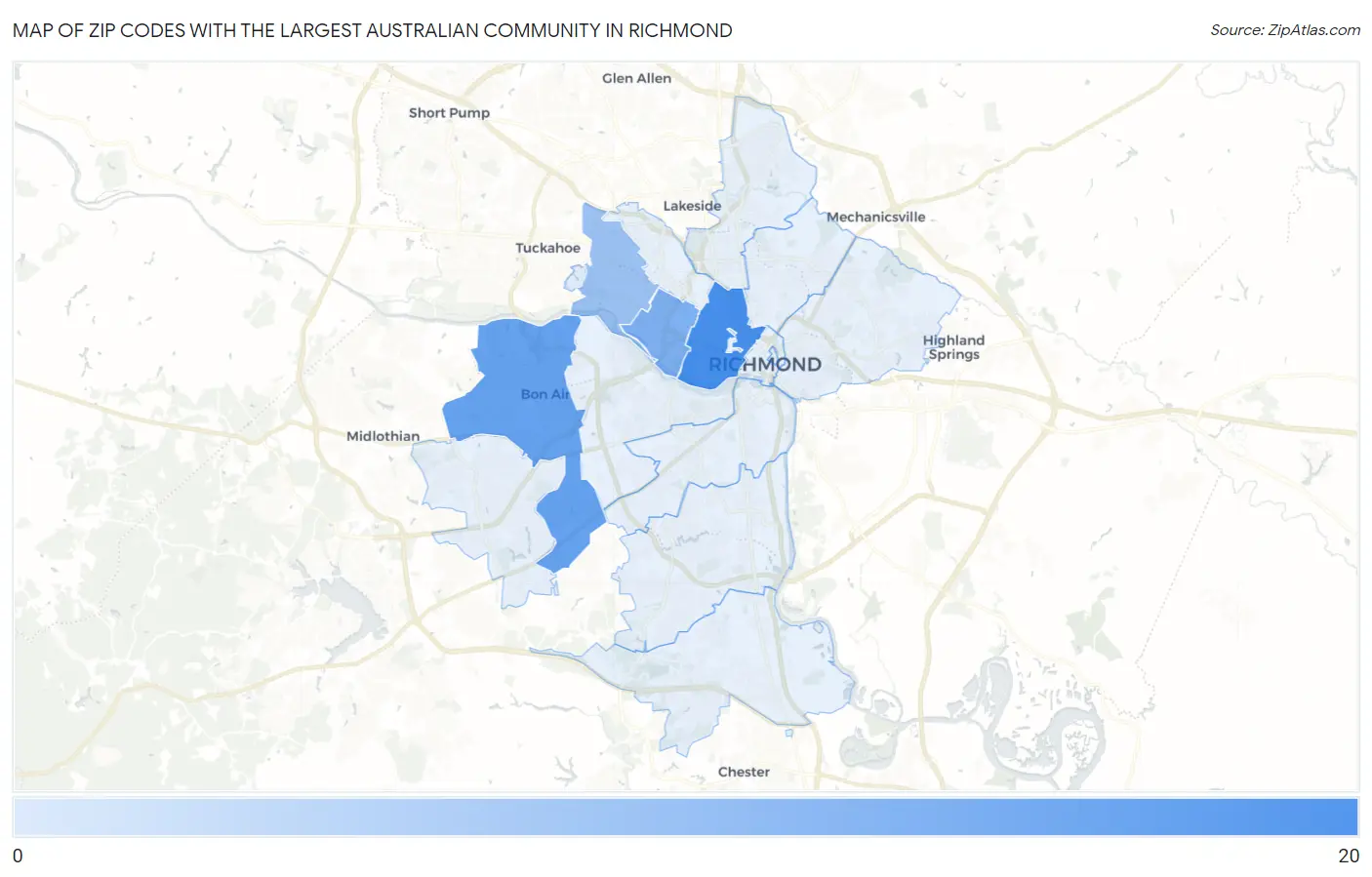 Zip Codes with the Largest Australian Community in Richmond Map
