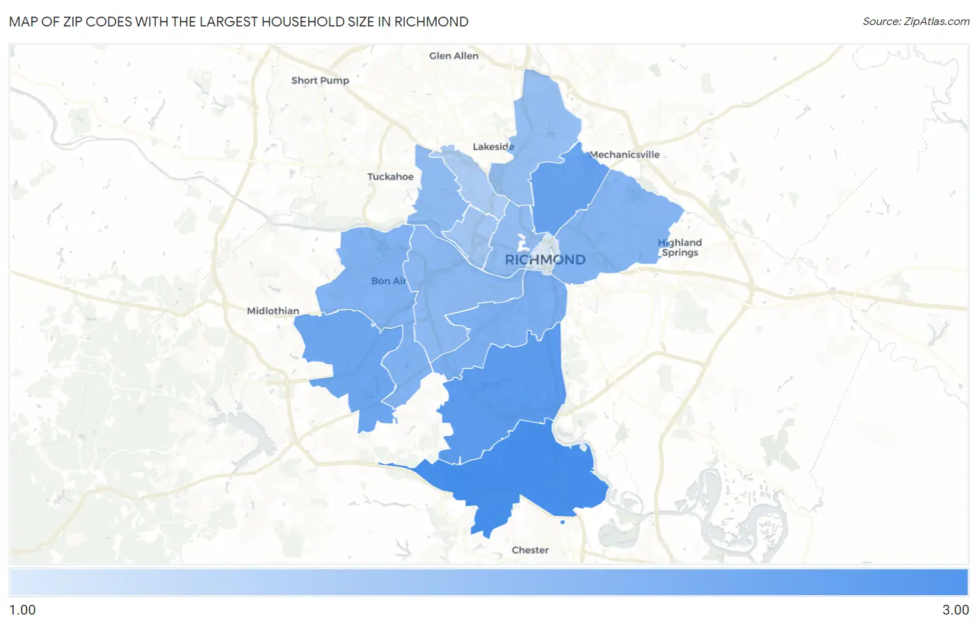Zip Codes with the Largest Household Size in Richmond Map